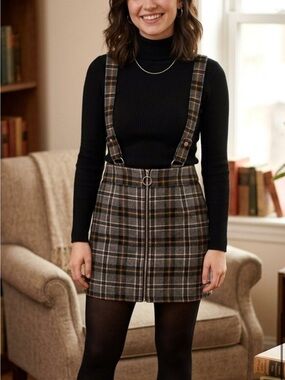 Forever 21 Plaid Suspender Mini Skirt in Gray and Brown